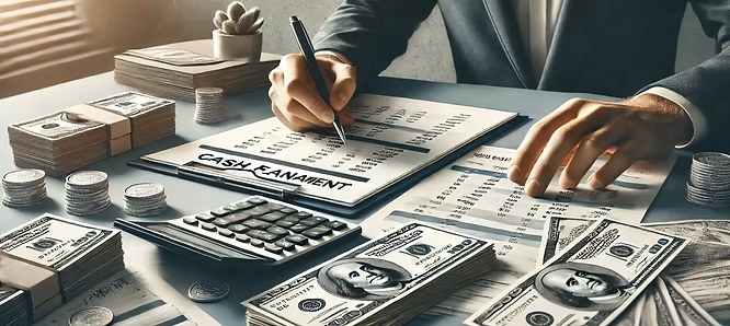 Business financial records and calculator