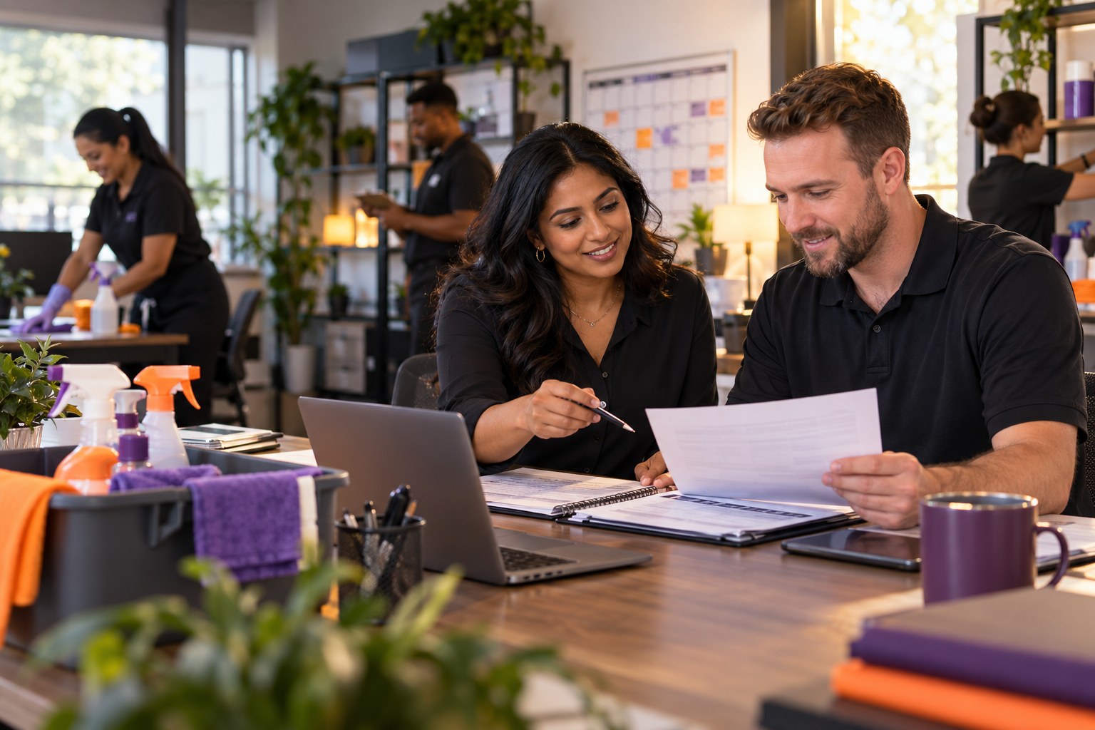 Illustration of two colleagues reviewing schedules and expenses in a cleaning company office